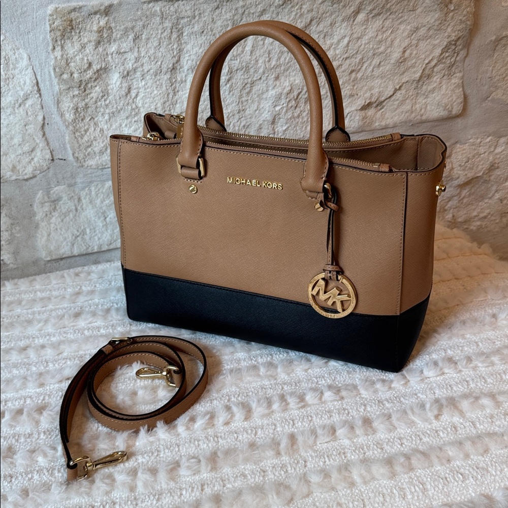 Michael Kors Tan and Black Satchel with Gold Hardware